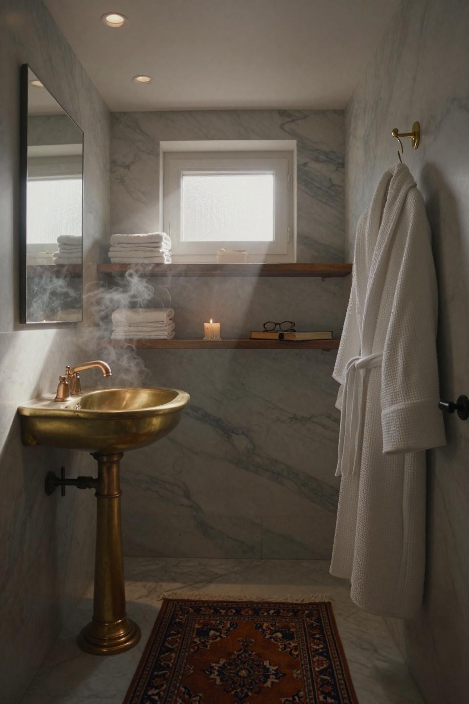 Bathroom Tile Ideas - honed marble walls with brass pedestal sink