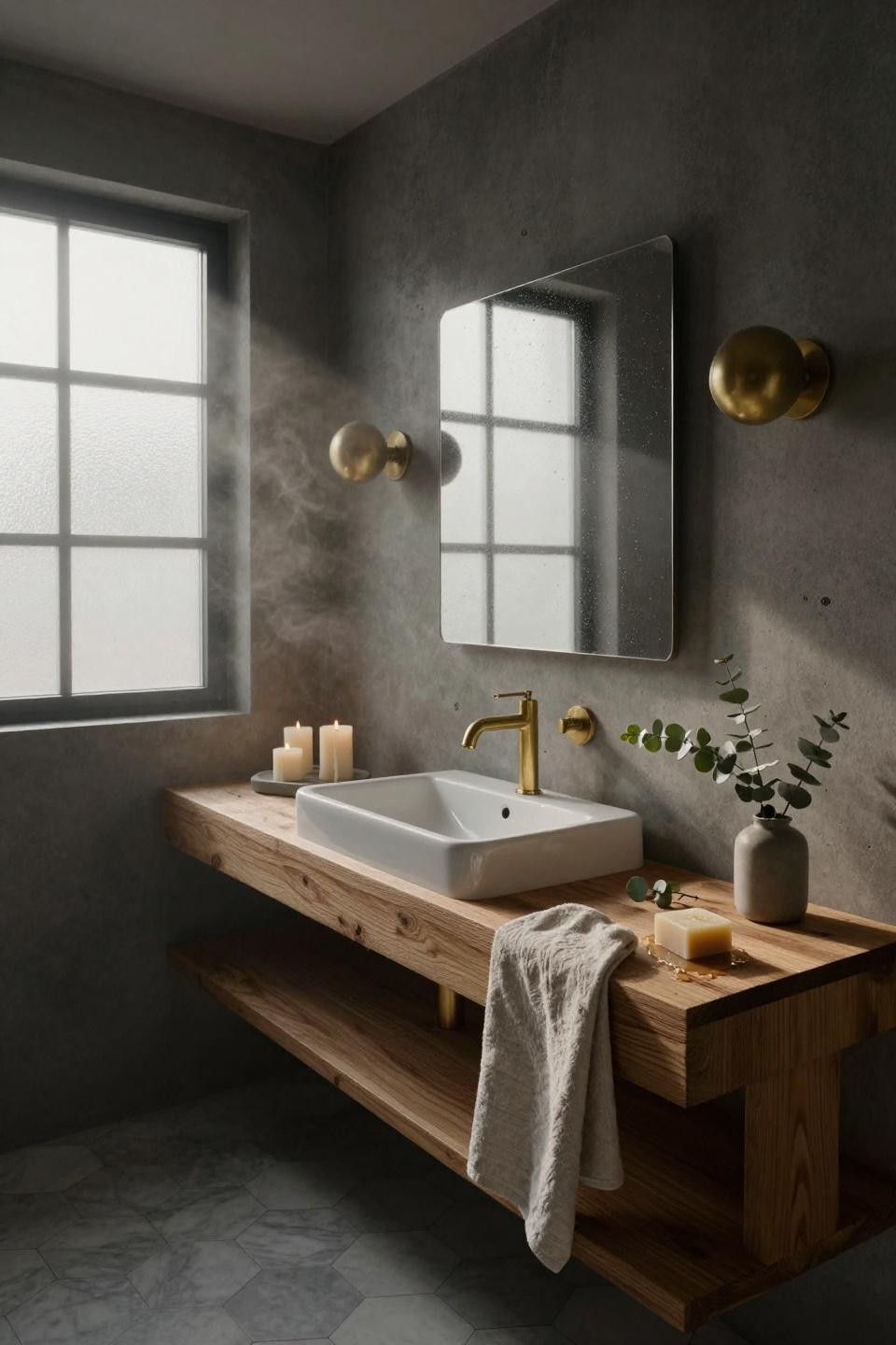 Bathroom Tile Ideas - marble hexagon tiles with oak shelving