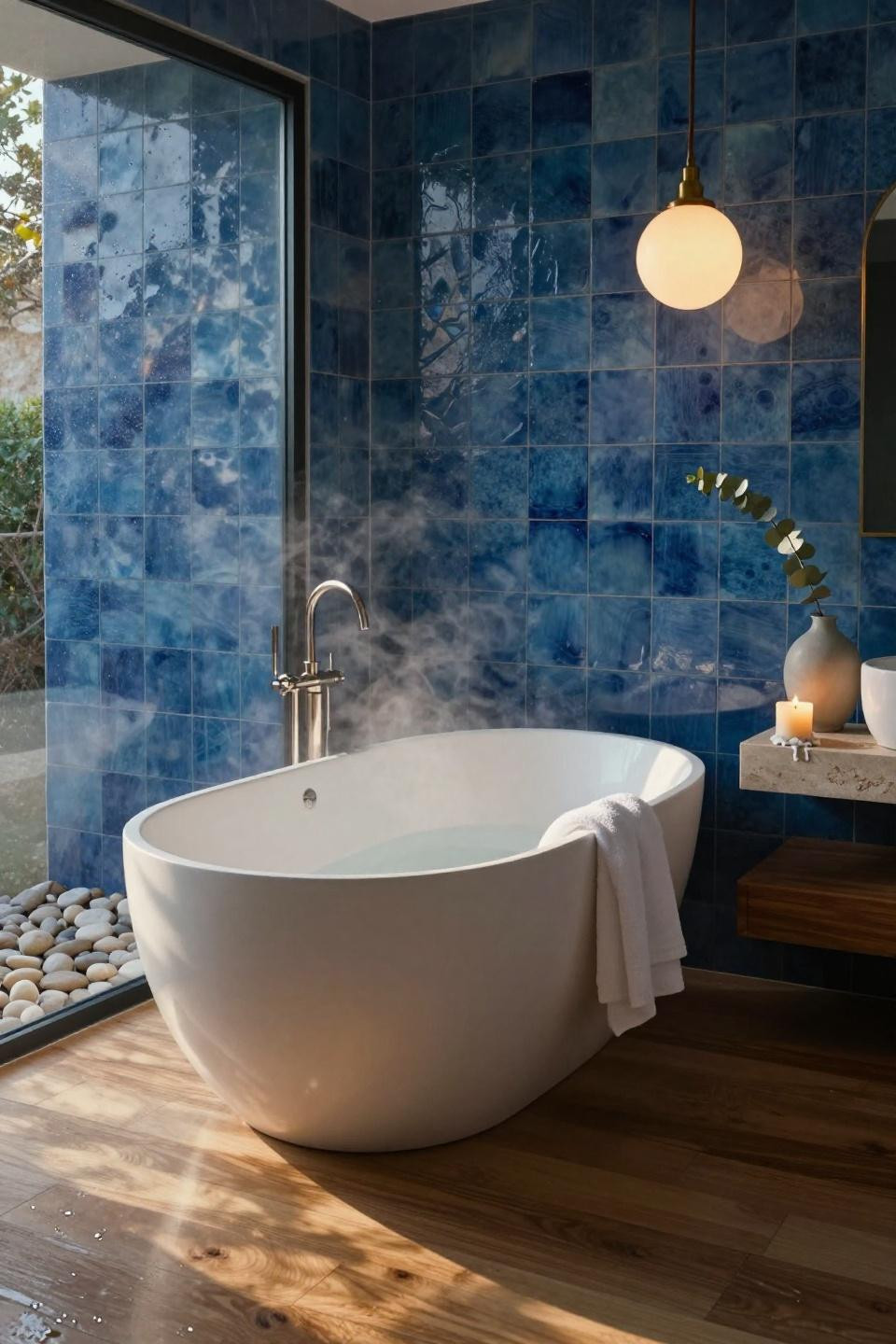 Bathroom Tile Ideas - freestanding tub with ocean blue zellige