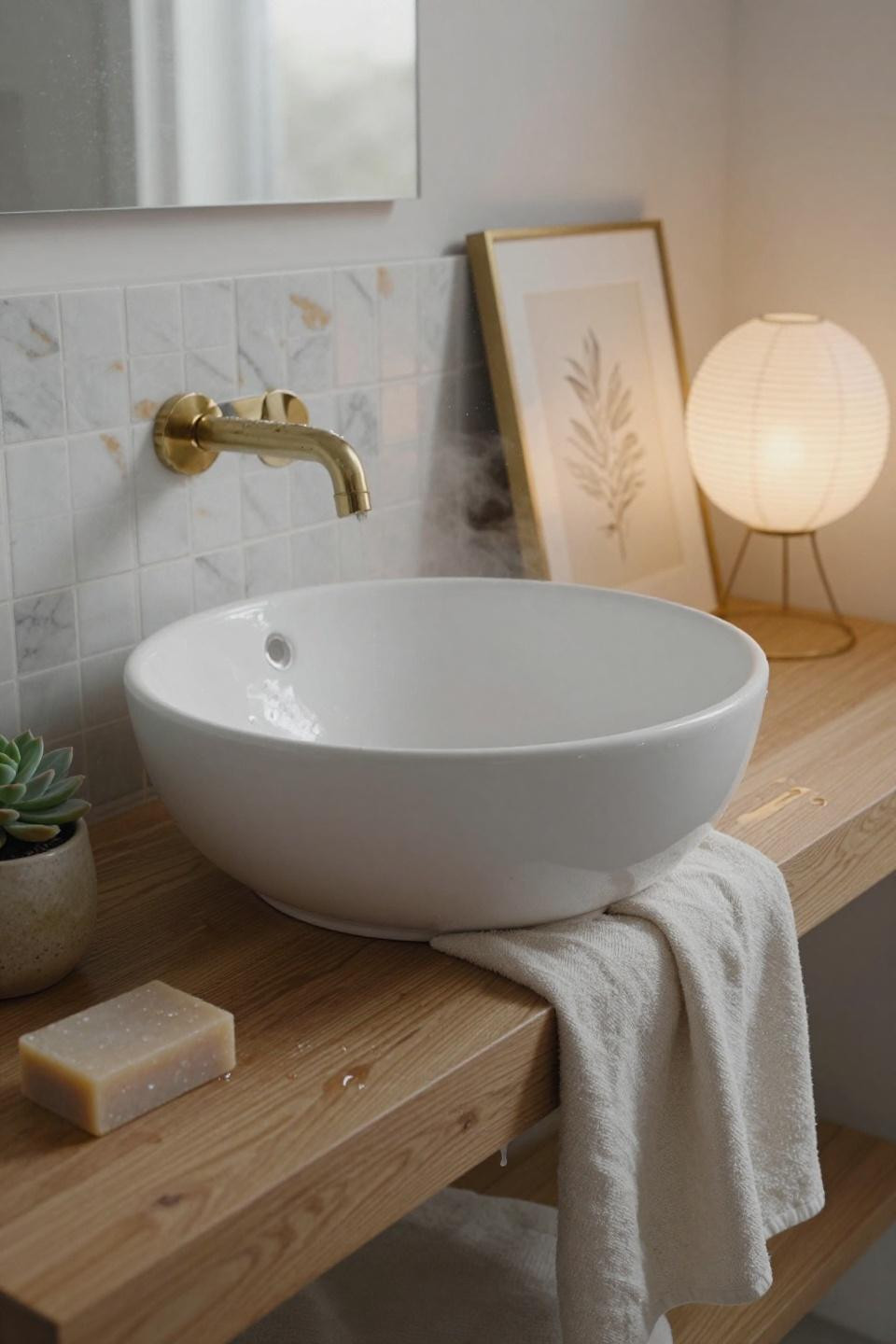 Bathroom Tile Ideas - floating timber shelf with ceramic basin