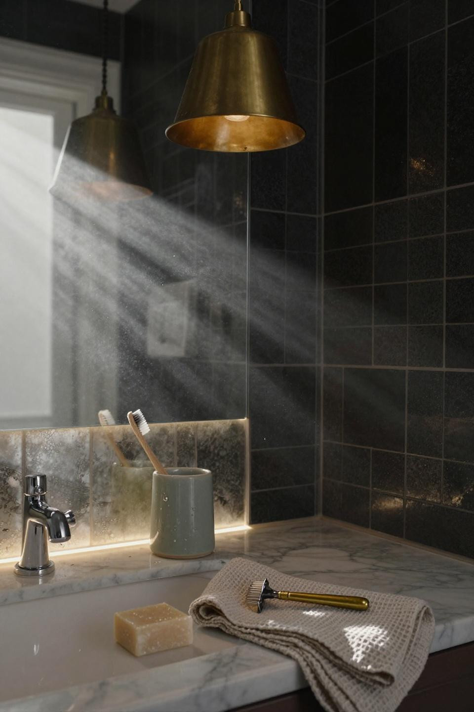 Bathroom Tile Ideas - zellige tile walls with honed marble vanity