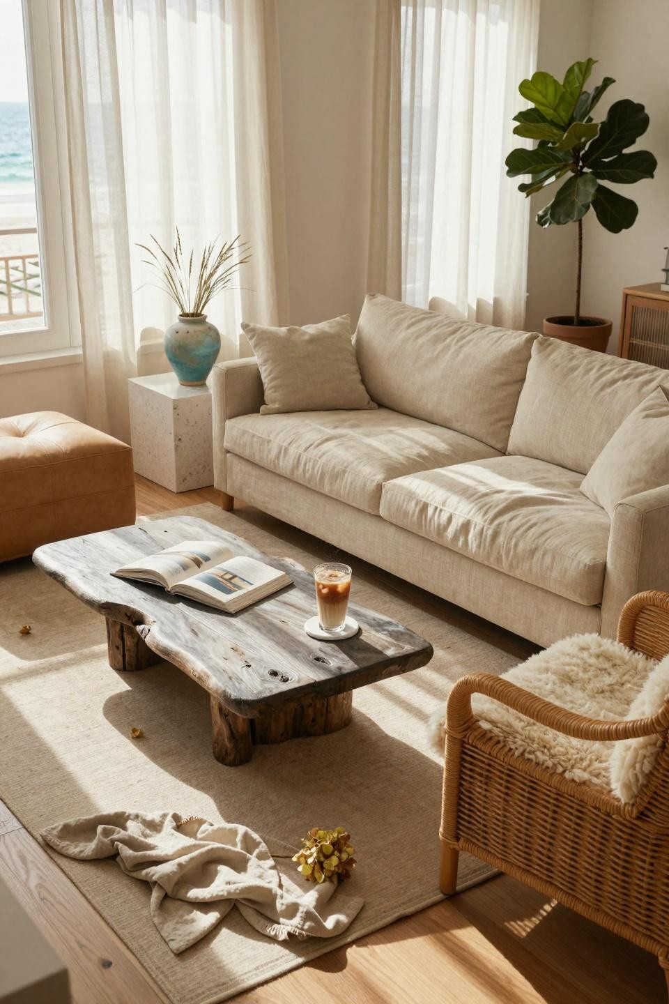 Beachy Living Room - ocean view with linen sectional