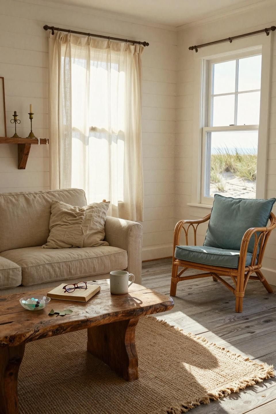 Beachy Living Room - cottage with gray floors