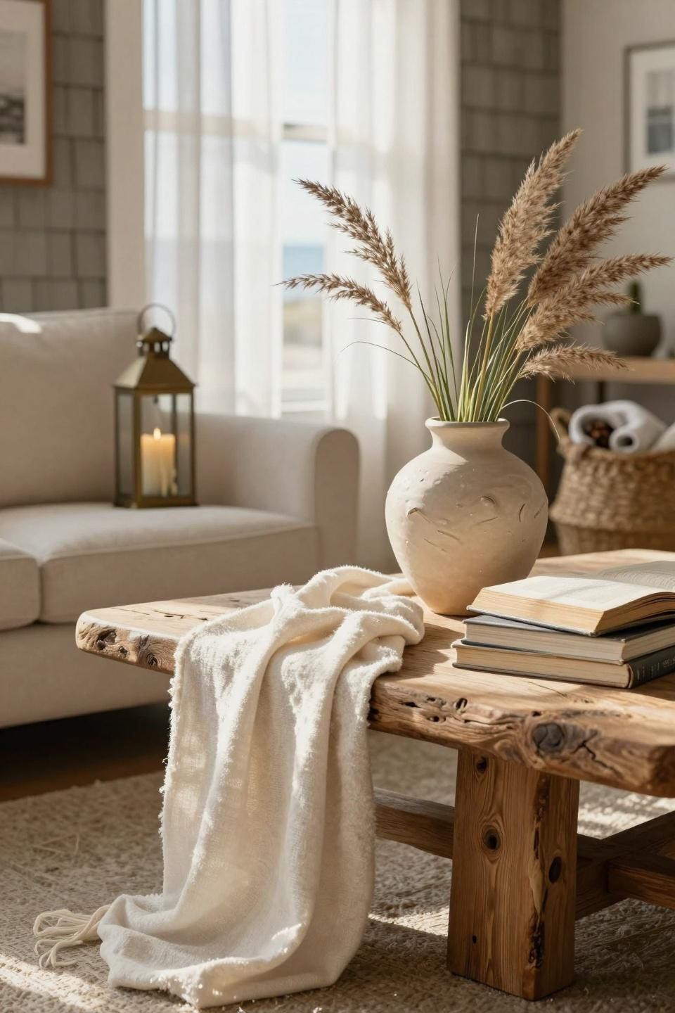 Beachy Living Room - coastal cottage with driftwood table