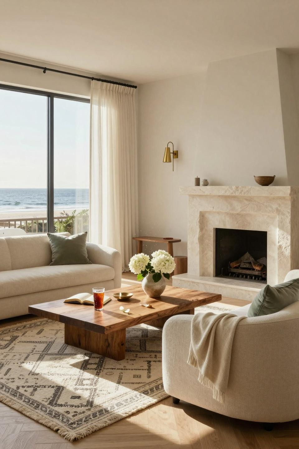 Beachy Living Room - elegant coastal with fireplace