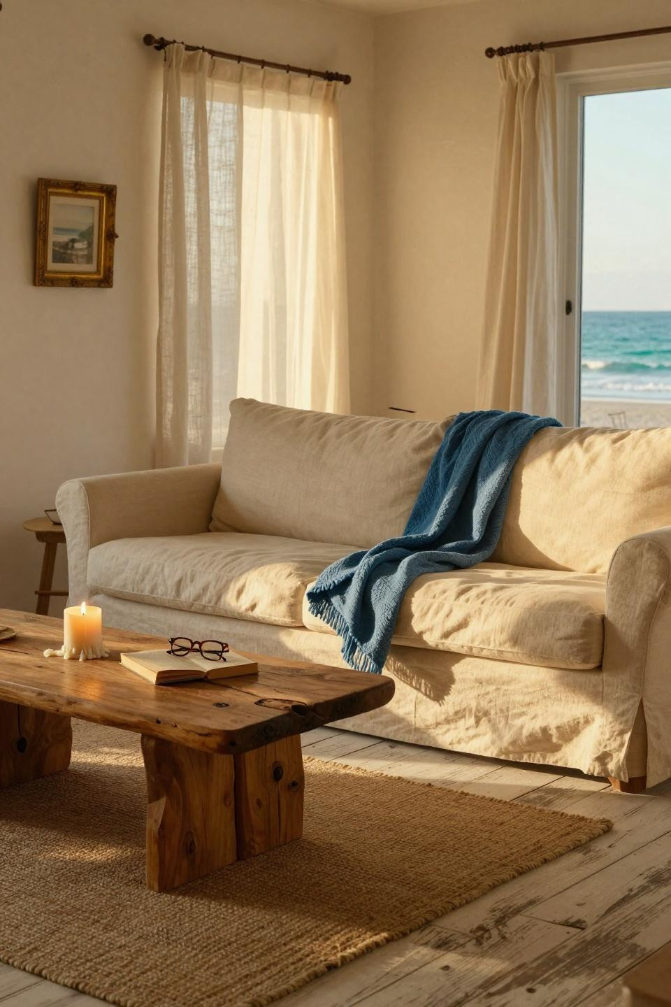Beachy Living Room - compact coastal with warm floors