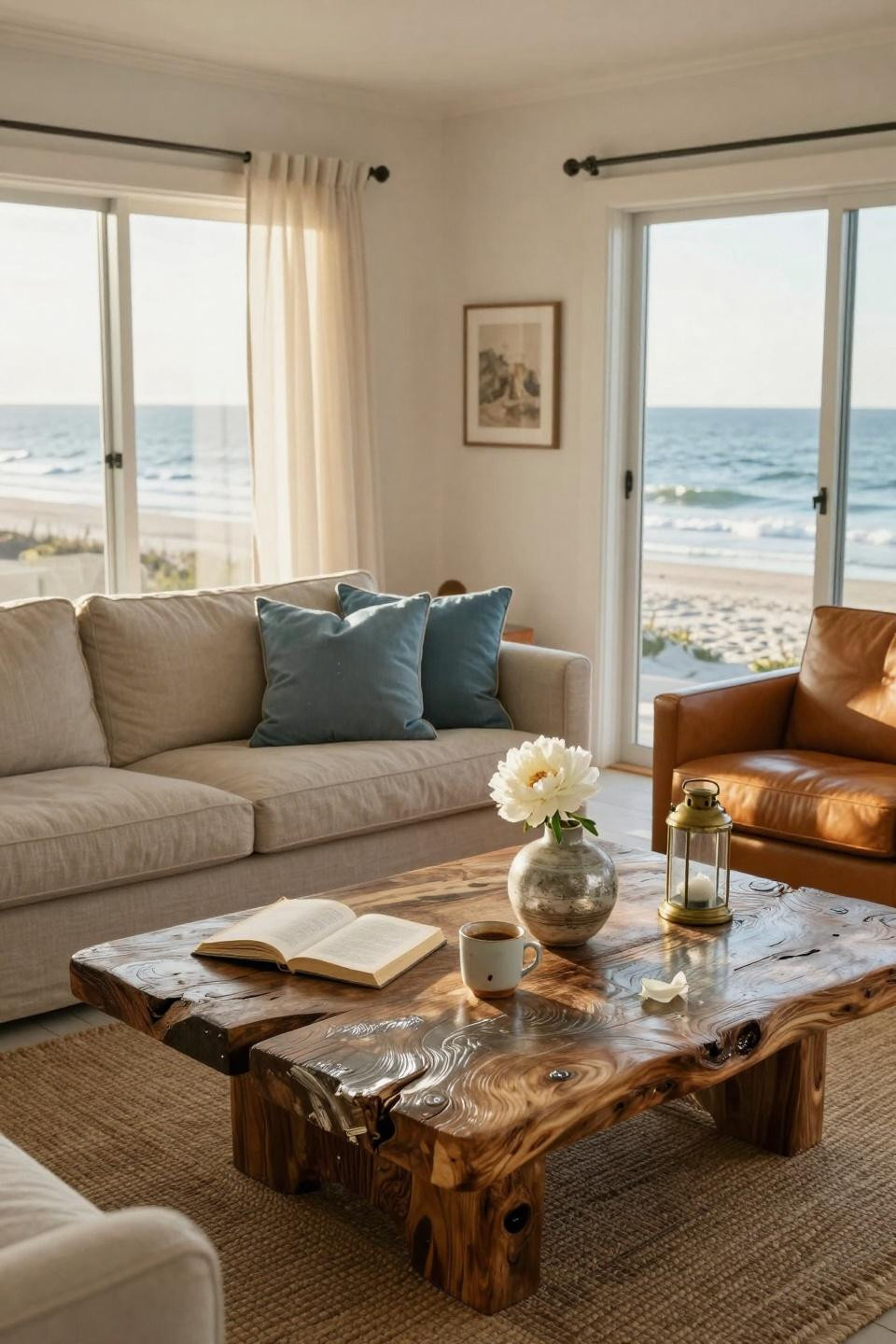 Beachy Living Room - coastal space with leather chair