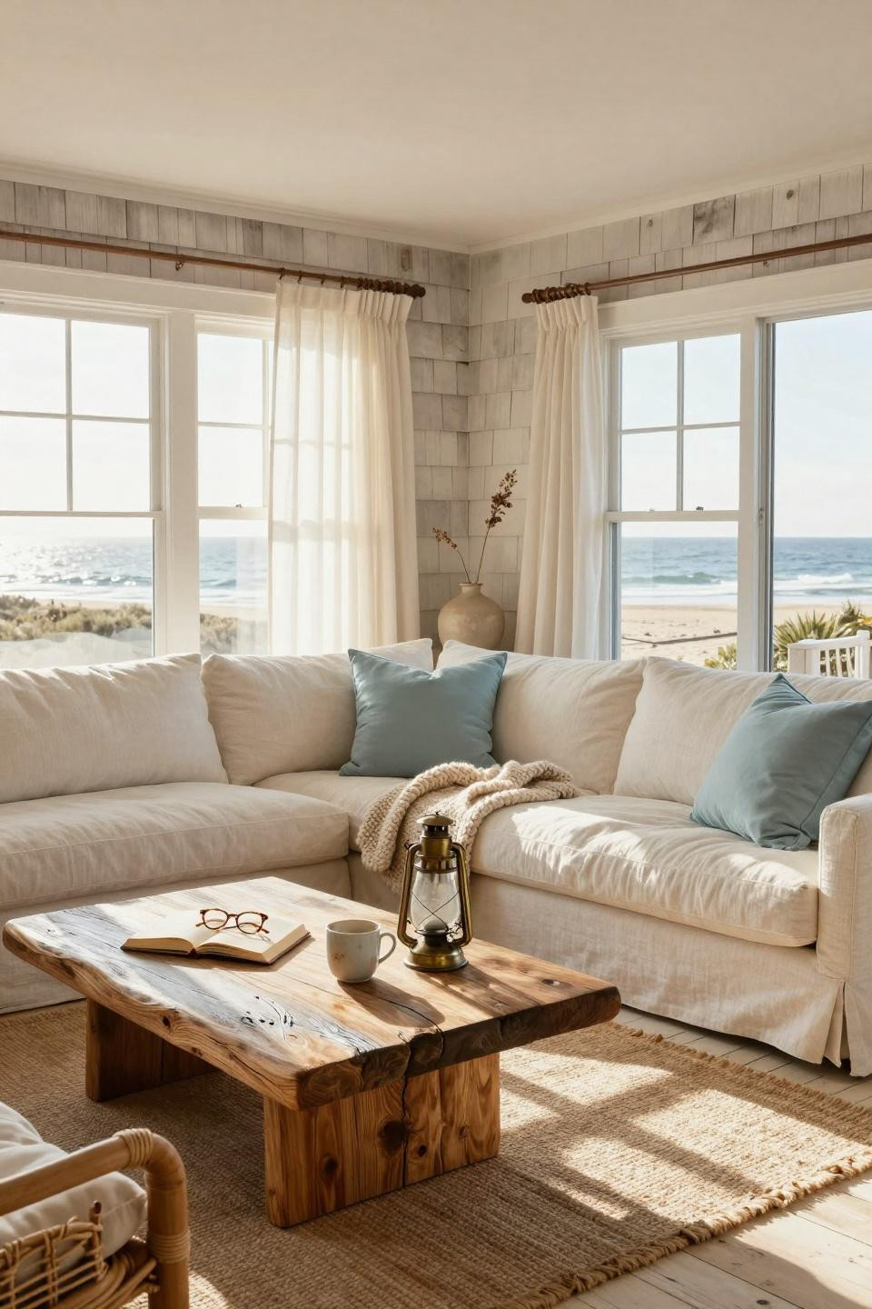 Beachy Living Room - light and airy with blue pillows