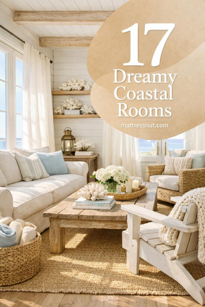 Light-filled living room featuring white slipcovered sofas, weathered wood coffee table, nautical accents, and sheer linen curtains