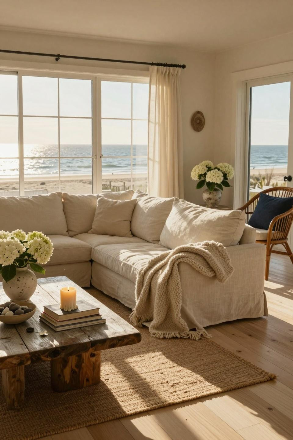 Beachy Living Room - oceanfront with knit throw