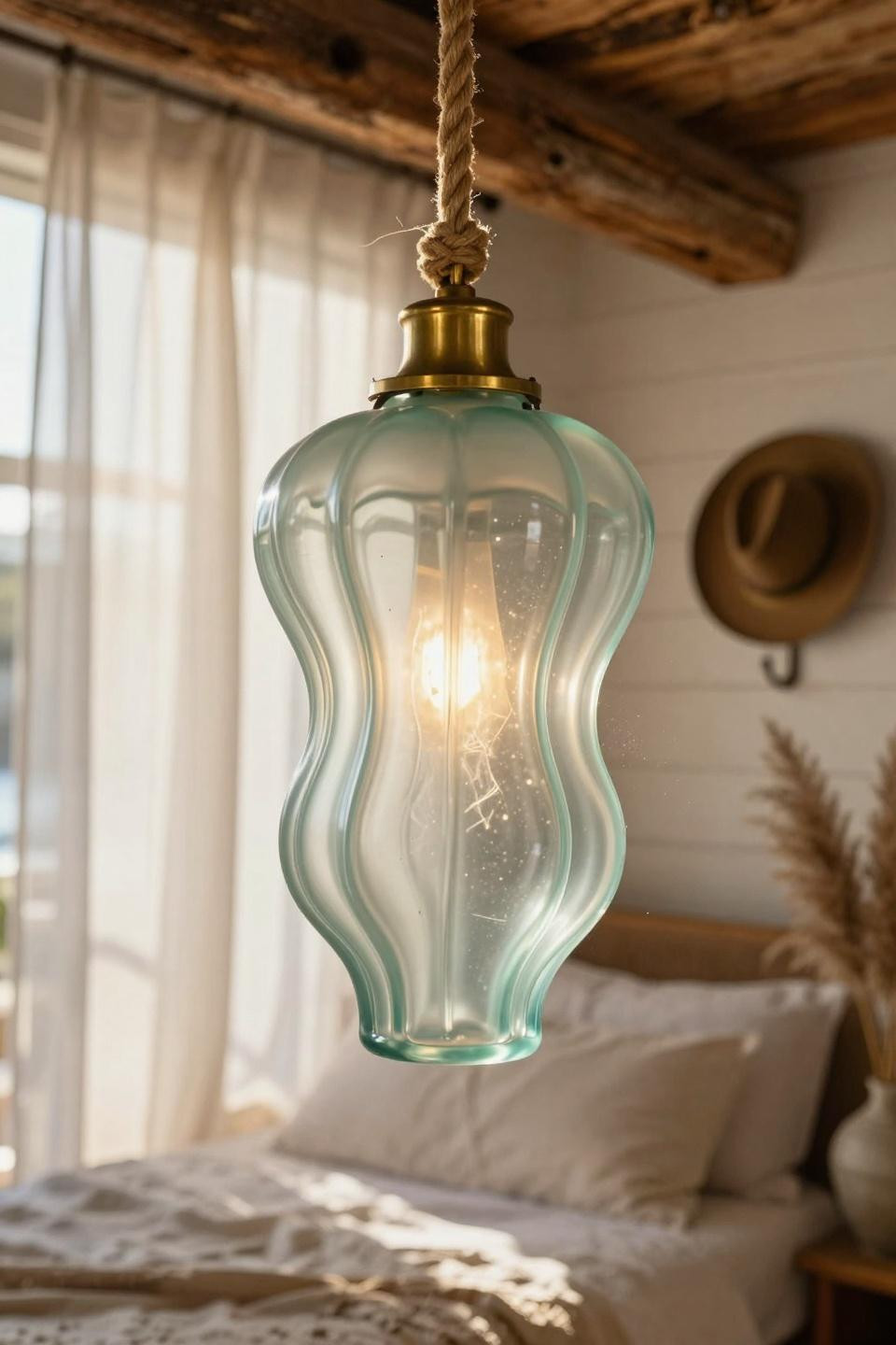 Beachy Room Decor - frosted glass pendant light with rope and brass