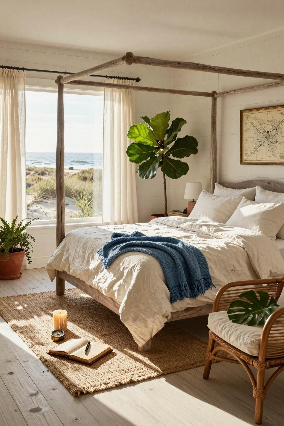 Beachy Room Decor - bedroom with driftwood four-poster and potted fig