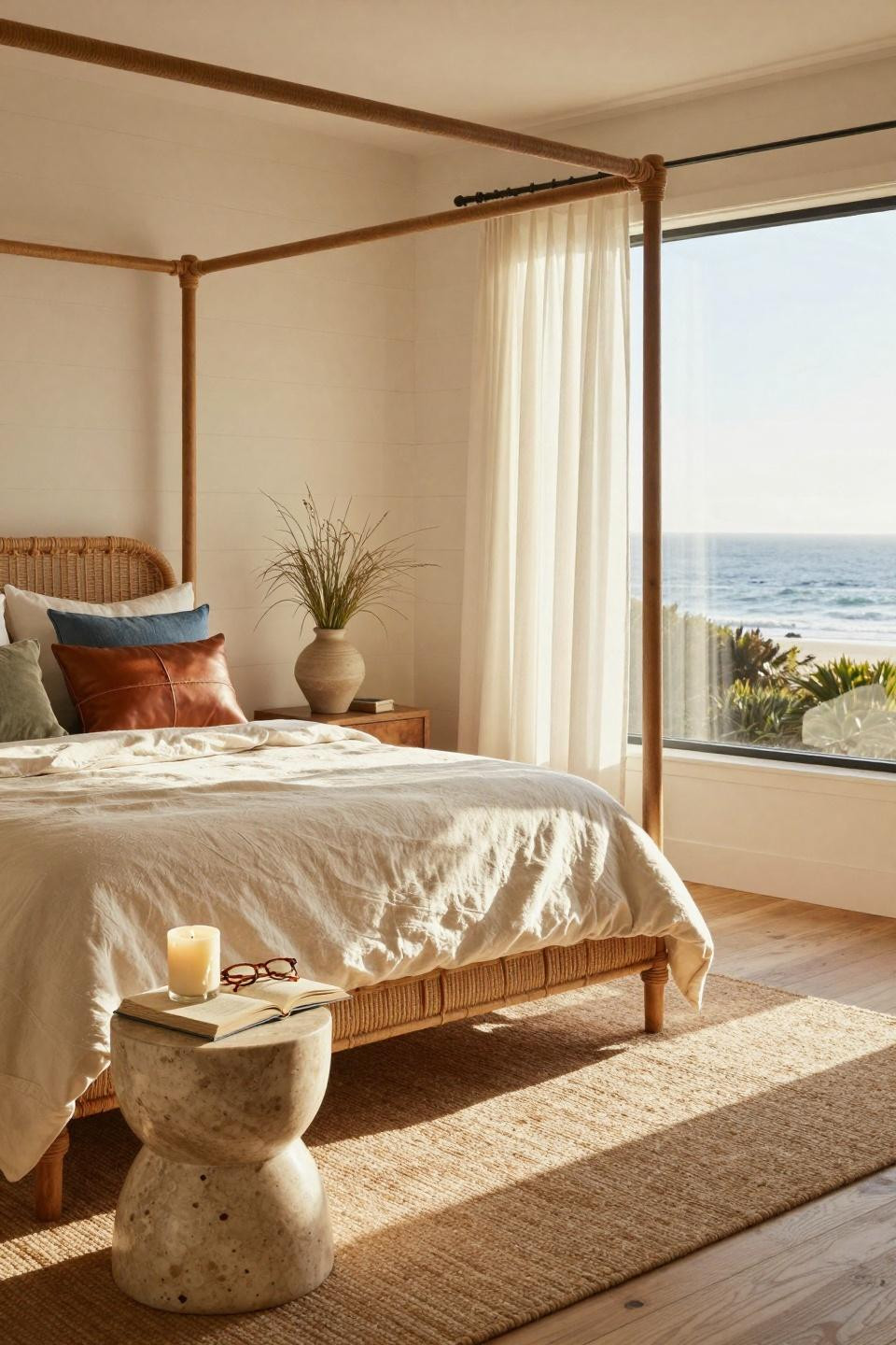 Beachy Room Decor - Montecito bedroom with cowhide and rattan four-poster