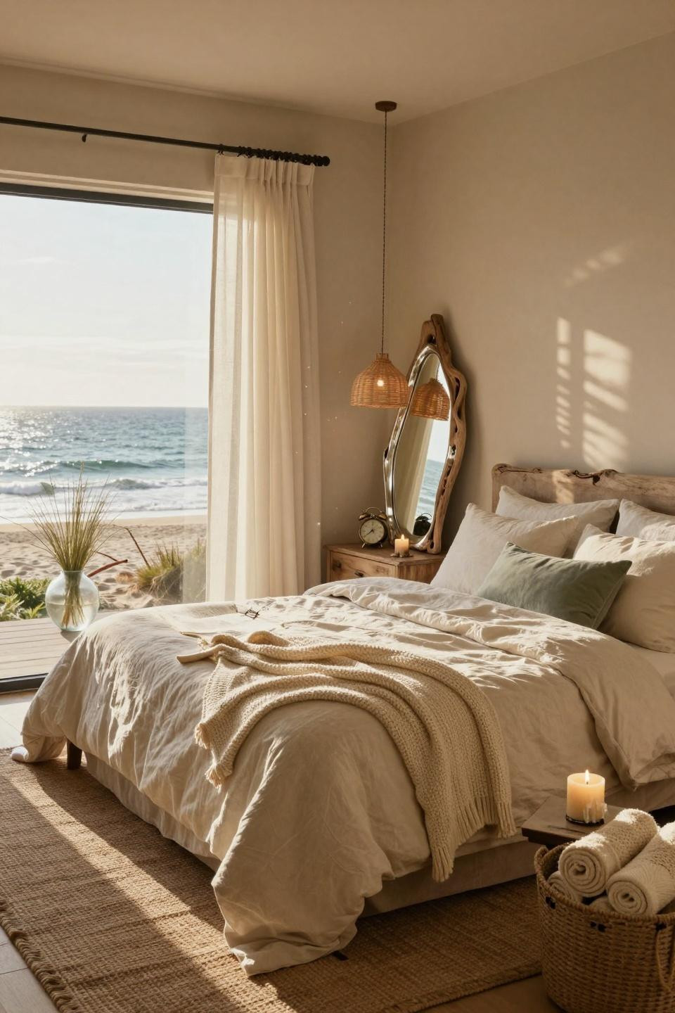 Beachy Room Decor - bedroom with ocean views and weathered teak nightstand