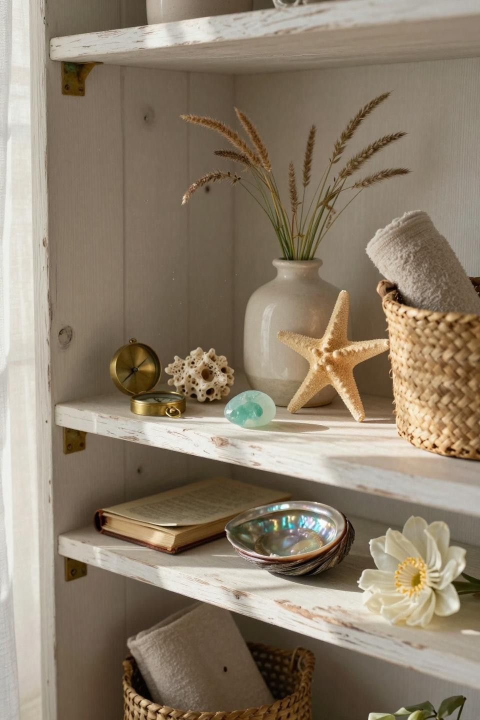 Beachy Room Decor - open shelving with coral and sea glass