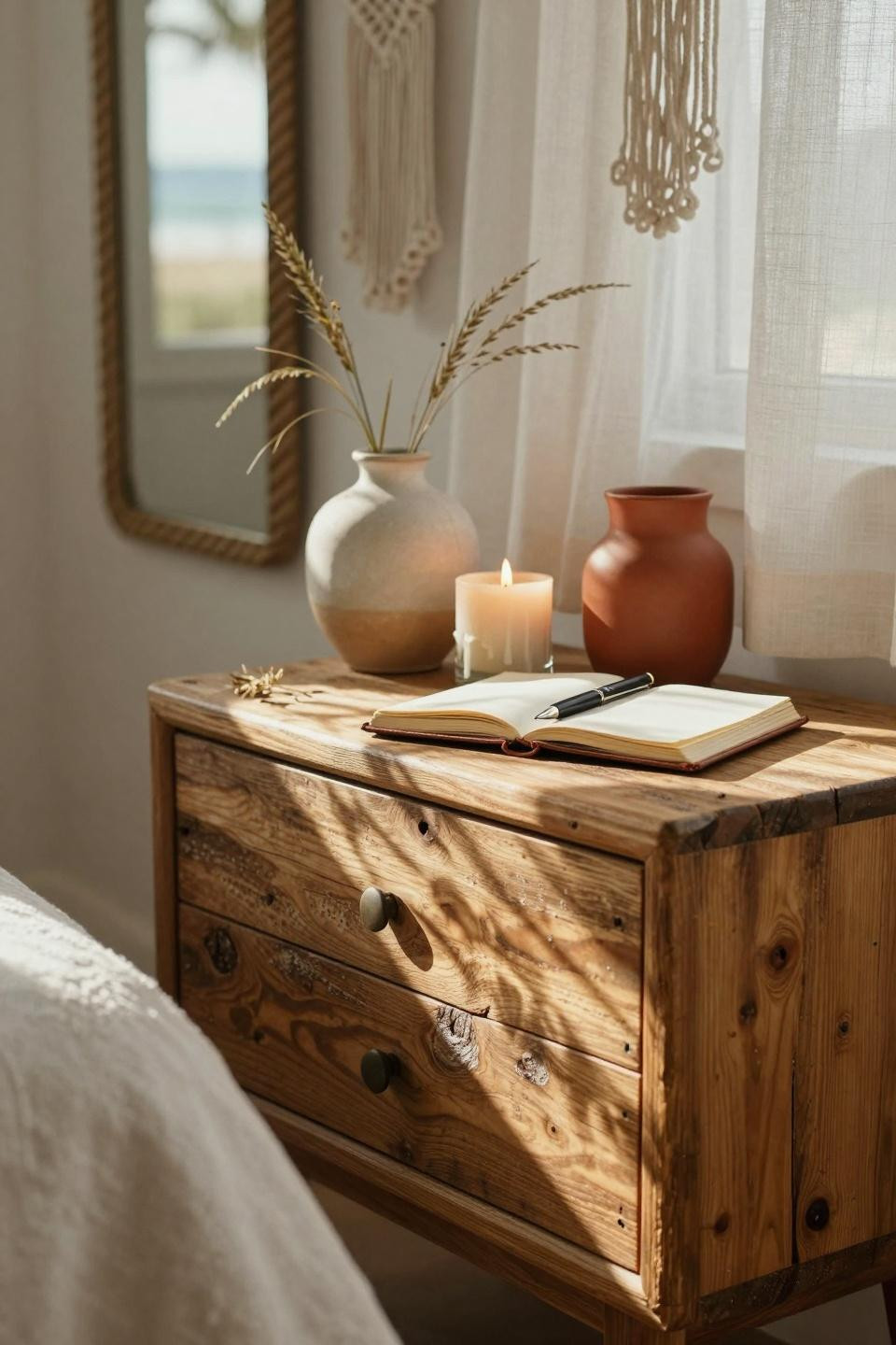 Beachy Room Decor - closeup of teak nightstand with beach grass and journal