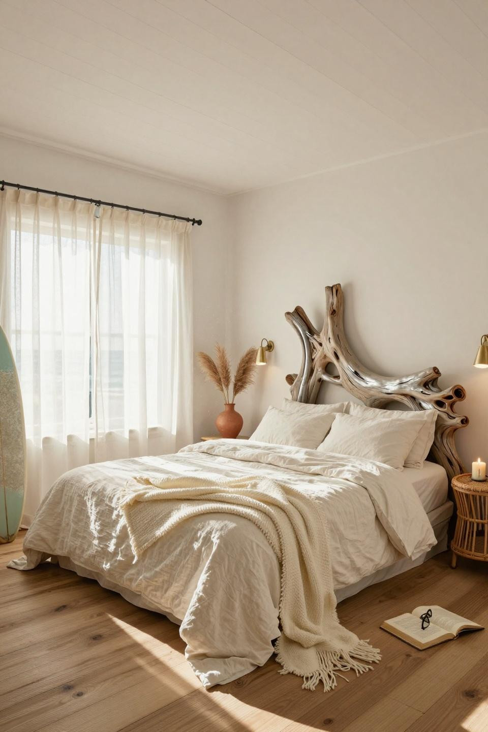 Beachy Room Decor - overhead view of bedroom with driftwood headboard