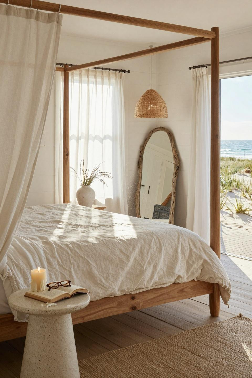 Beachy Room Decor - Montauk bedroom with Belgian linen and beach grass