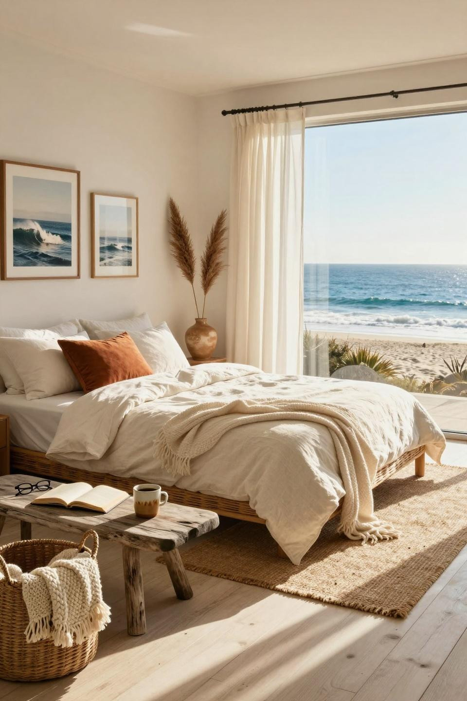 Beachy Room Decor - Malibu bedroom with rattan bed and Pacific blues