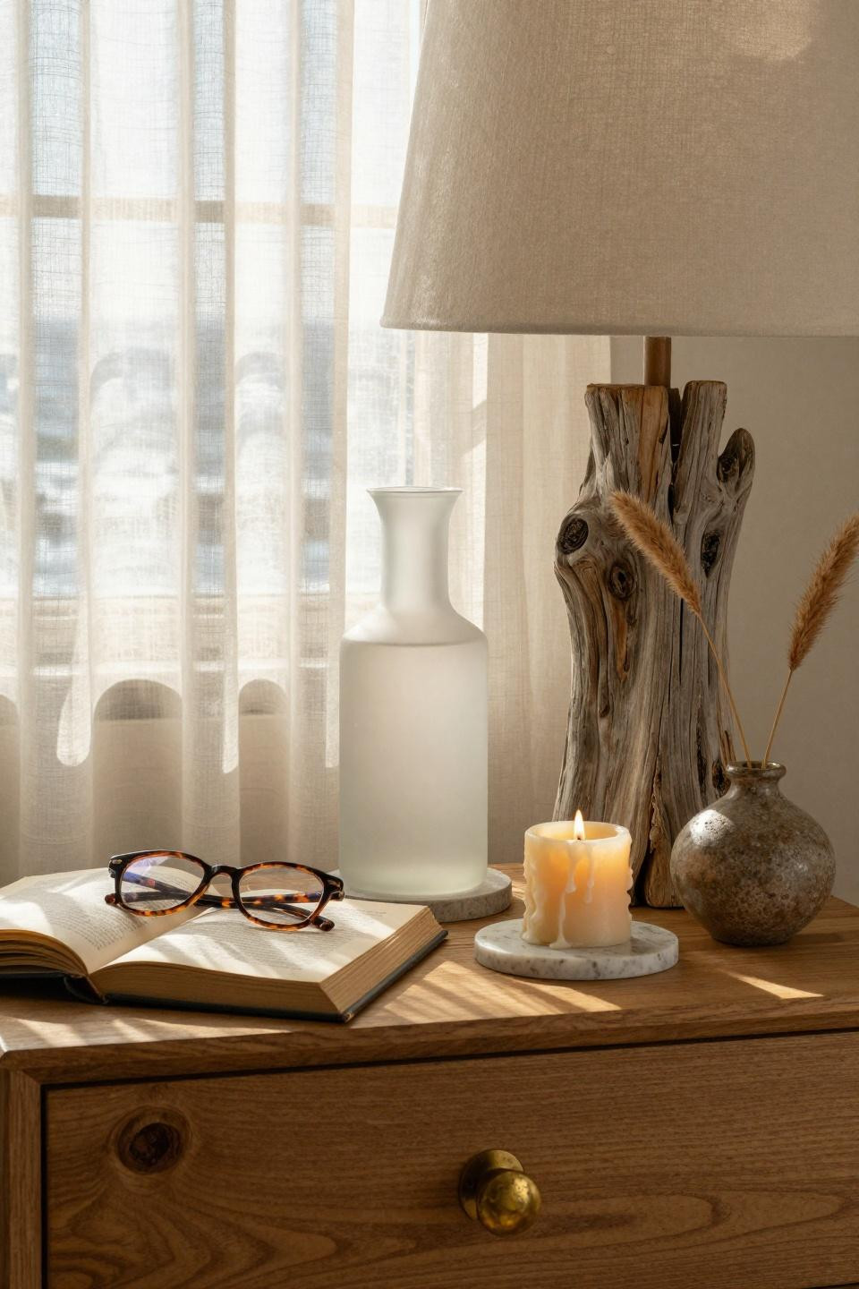 Beachy Room Decor - nightstand detail with travertine lamp and cowhide