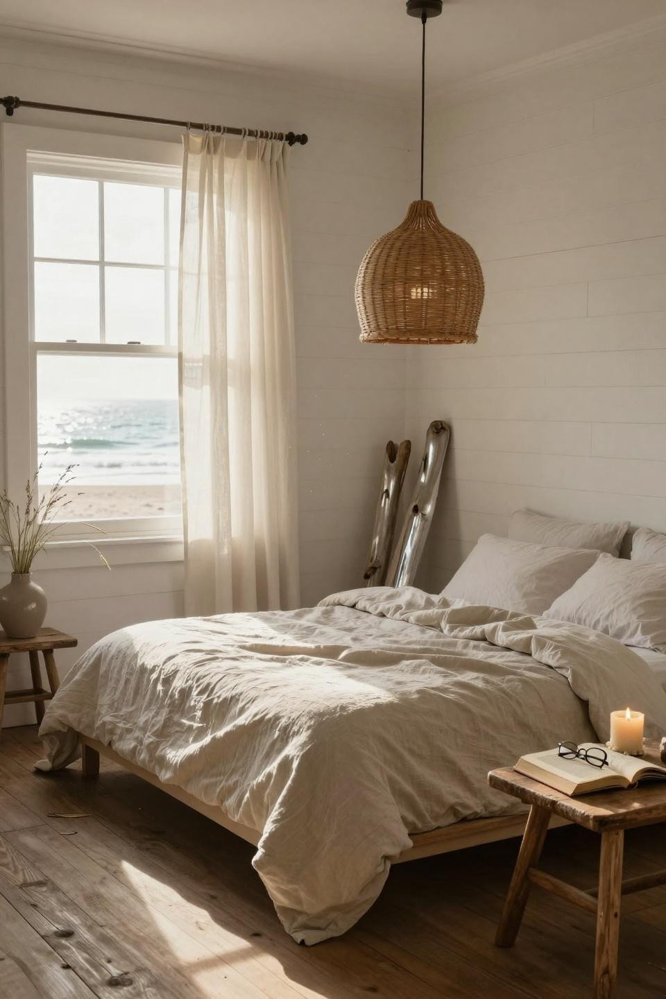 Beachy Room Decor - bedroom with shiplap walls and driftwood mirror