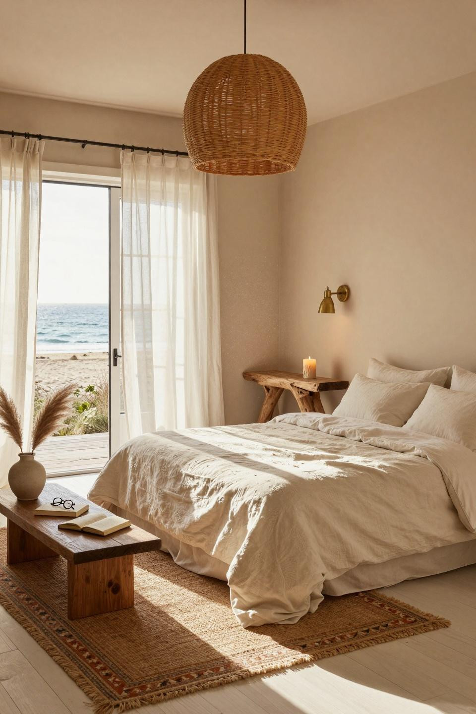 Beachy Room Decor - bedroom with driftwood console and pampas grass