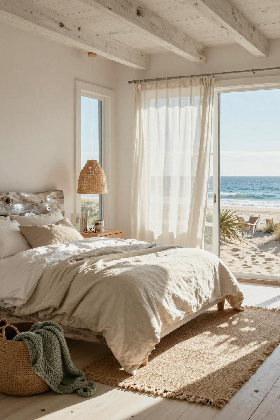 Beachy Room Decor - bedroom with rattan pendant and ocean blue accents