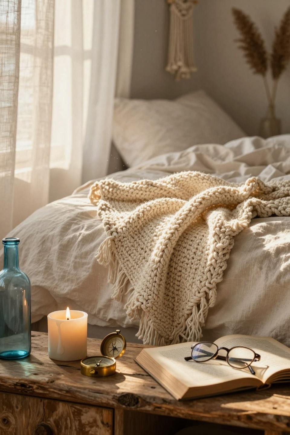 Beachy Room Decor - closeup of chunky cotton throw and driftwood nightstand