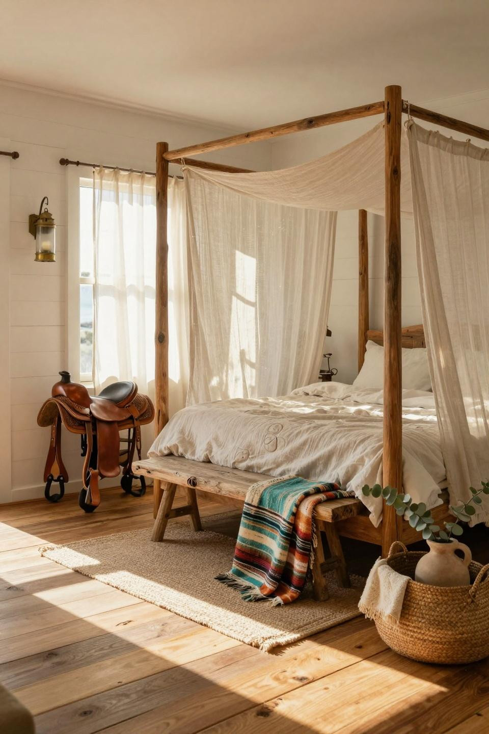 Beachy Room Decor - bedroom with macramé canopy and Western saddle accent