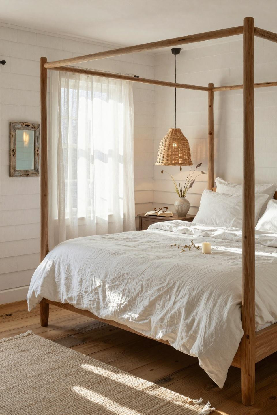 Beachy Room Decor - Nantucket bedroom with shiplap walls and jute rug