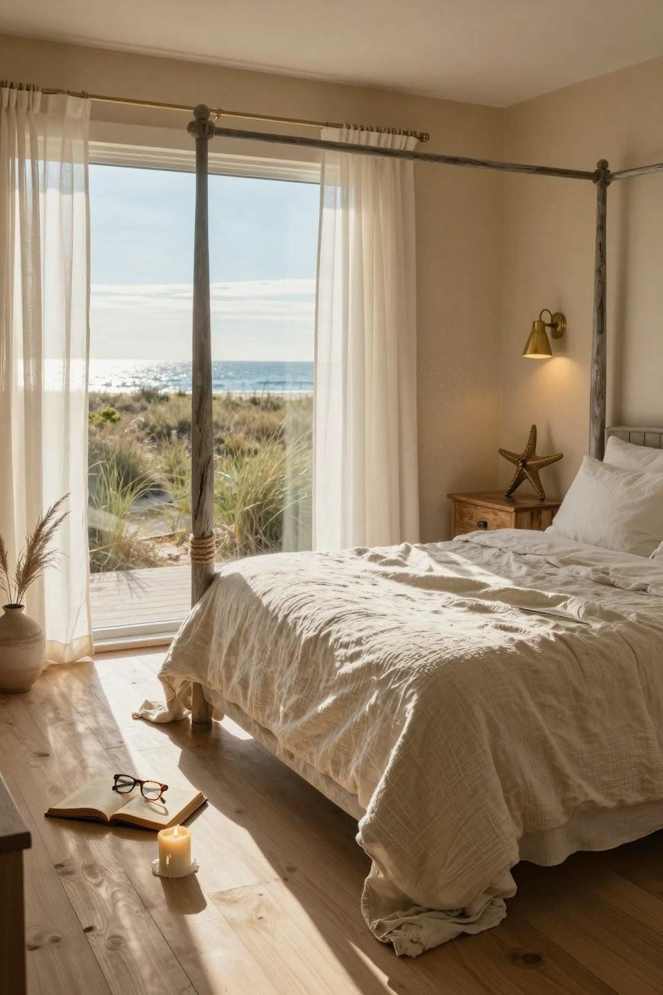 Beachy Room Decor - bedroom with rope-wrapped bedposts and brass sconce