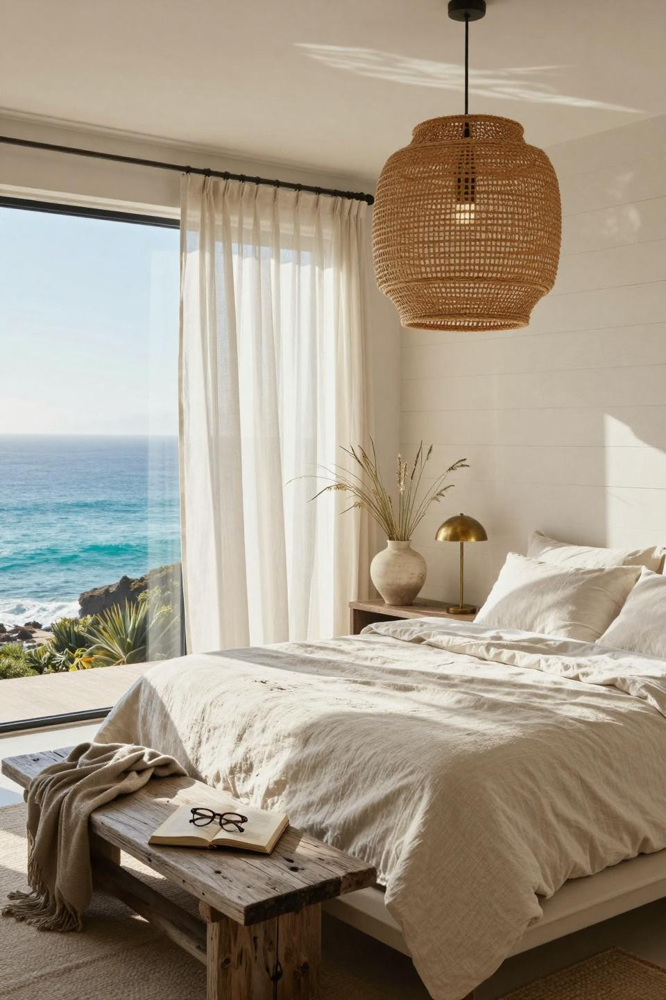 Beachy Room Decor - panoramic bedroom with rattan pendant and ocean views