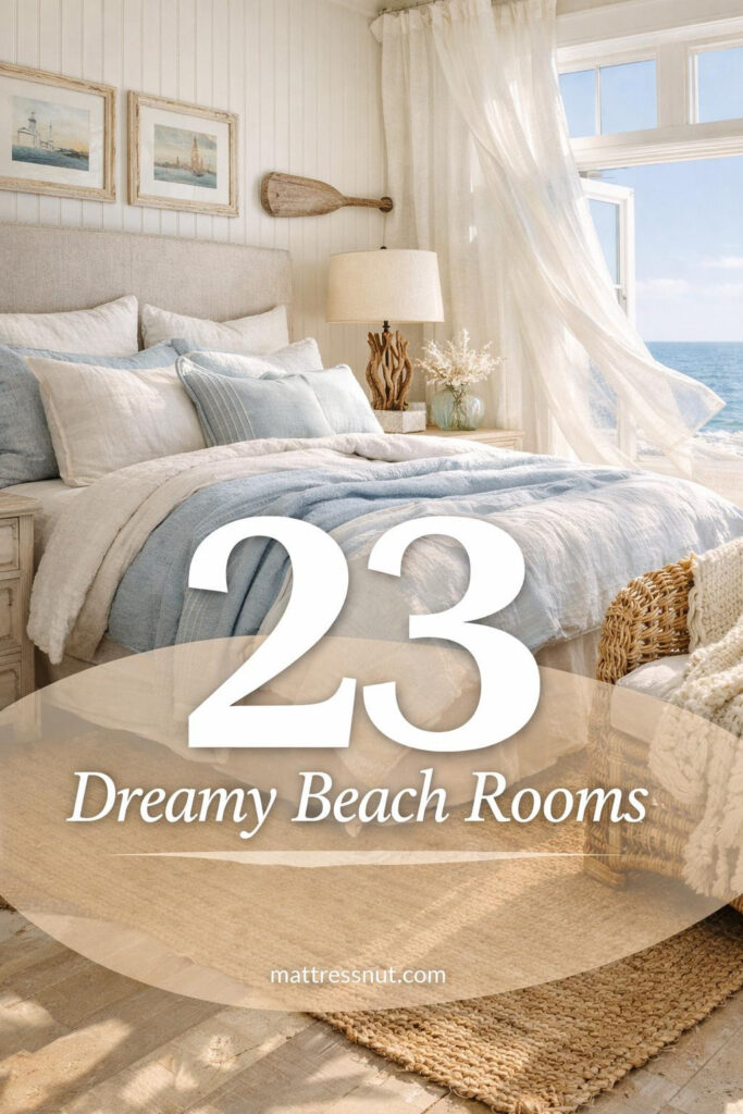 Light-filled coastal bedroom with white linens, driftwood accents, woven textures, sandy neutral tones, and ocean-inspired decor