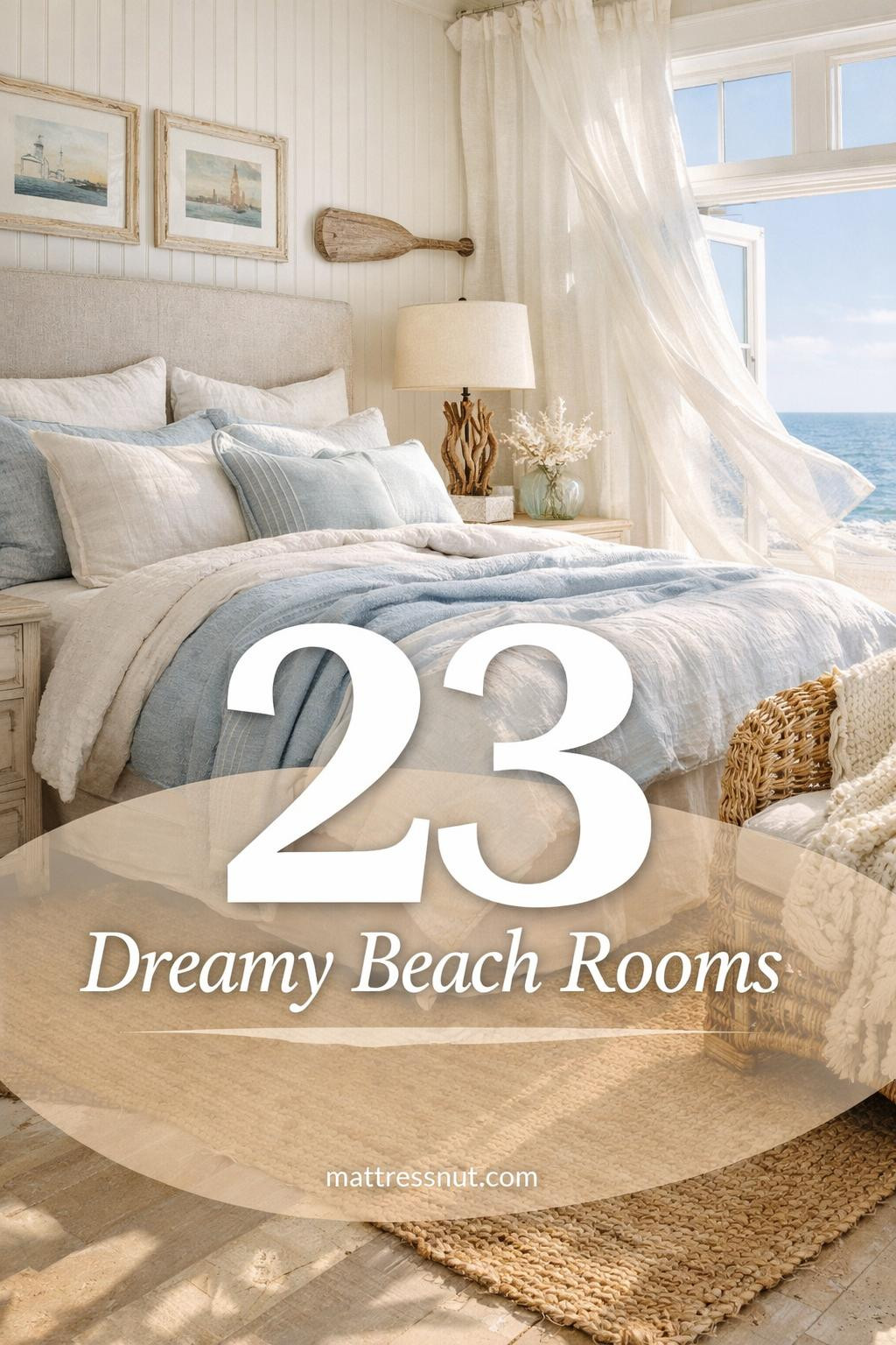Light-filled coastal bedroom with white linens, driftwood accents, woven textures, sandy neutral tones, and ocean-inspired decor