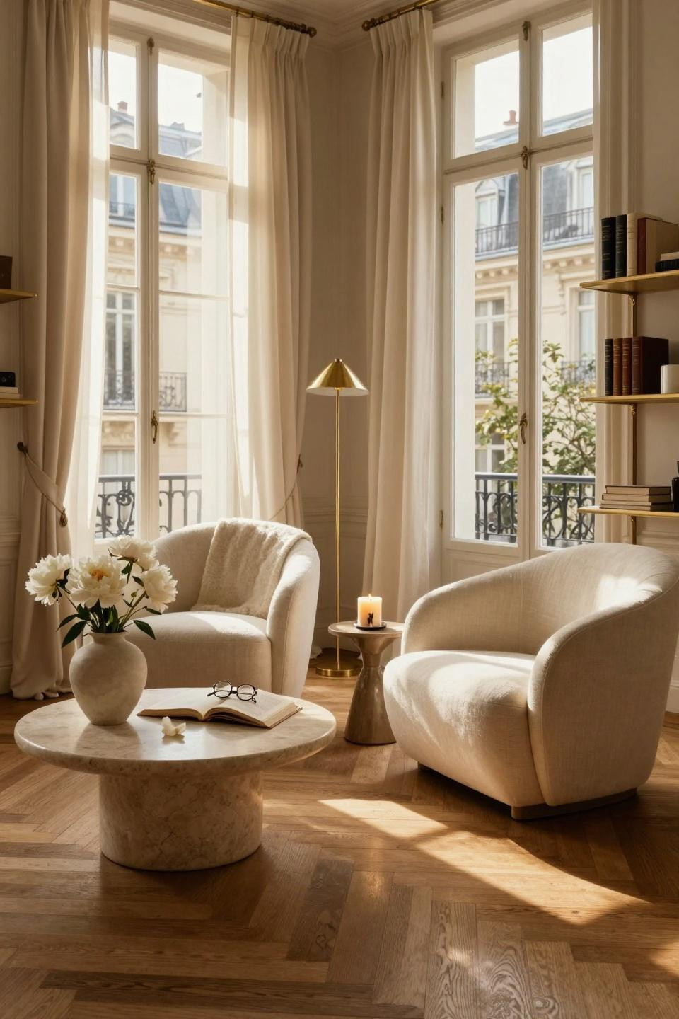 Bedroom sitting area showcasing full room layout with brass shelving