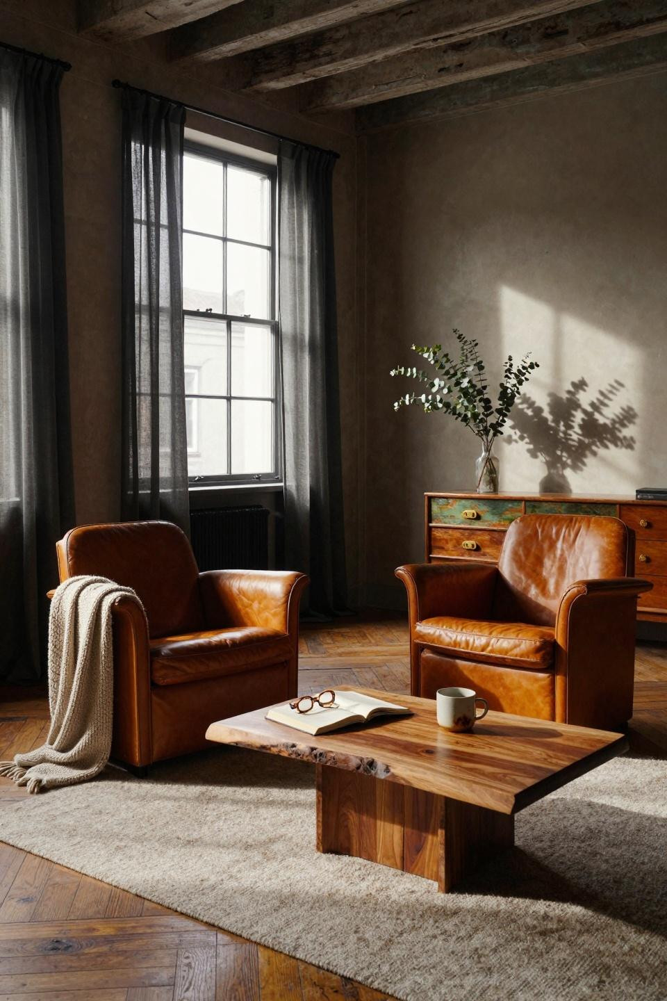 Bedroom sitting area with mid-century chairs and live-edge table