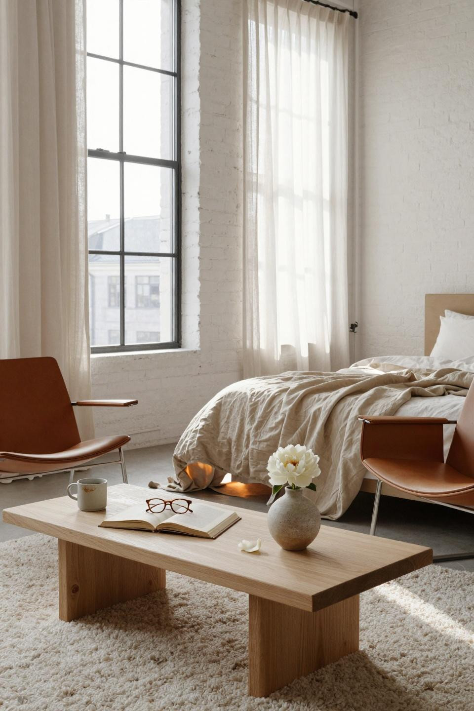 Bedroom sitting area with Spanish leather chairs in loft