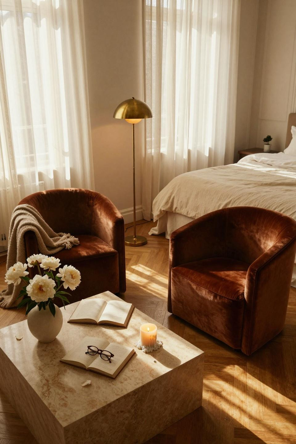 Bedroom sitting area featuring velvet lounge chairs in penthouse