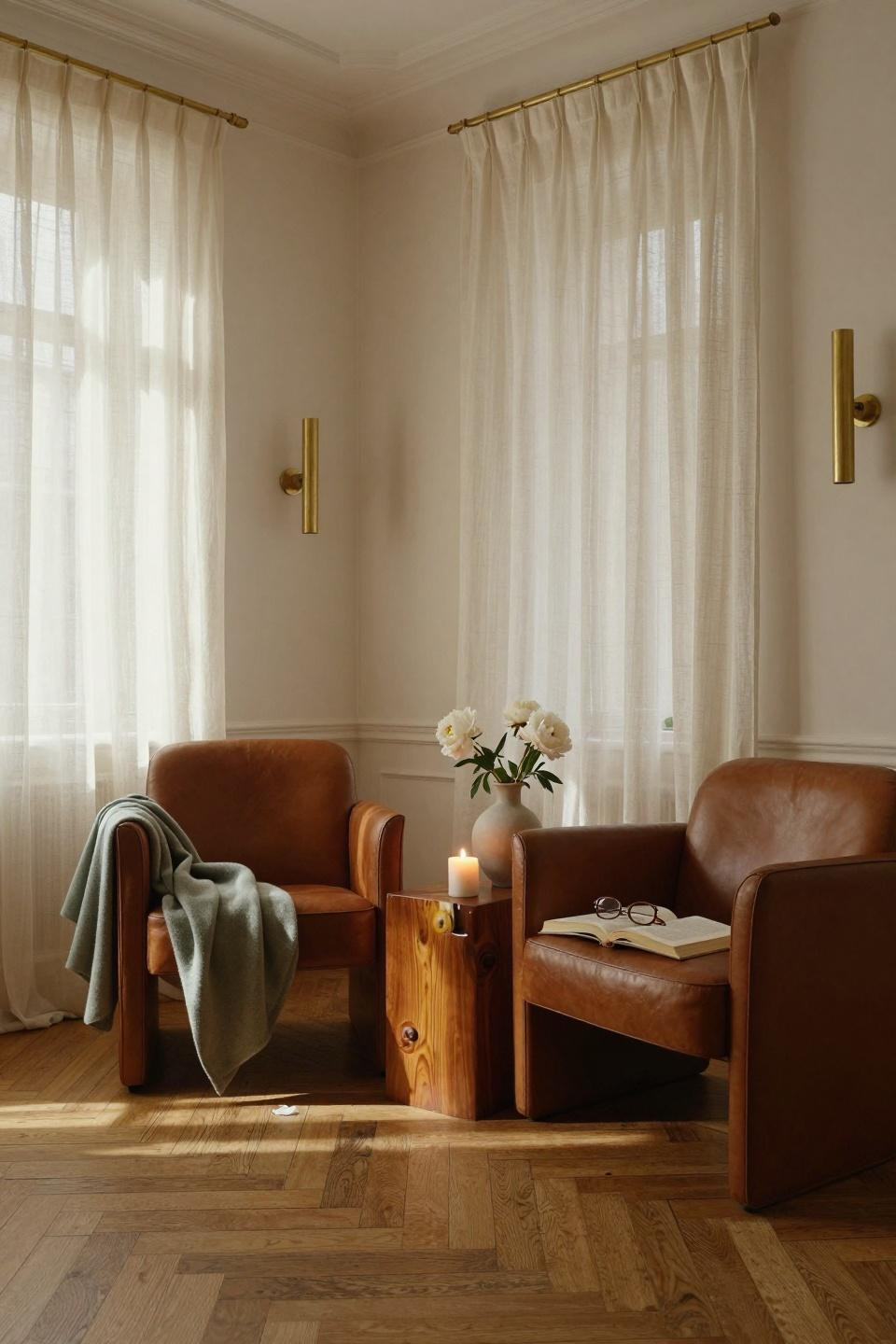 Bedroom sitting area in Copenhagen loft with oak and leather