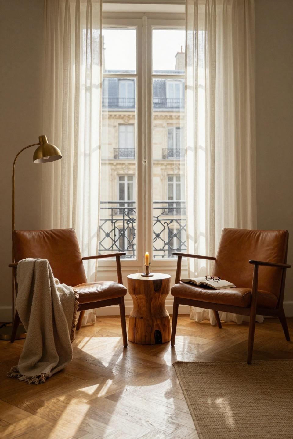 Bedroom sitting area with walnut armchairs and herringbone floors