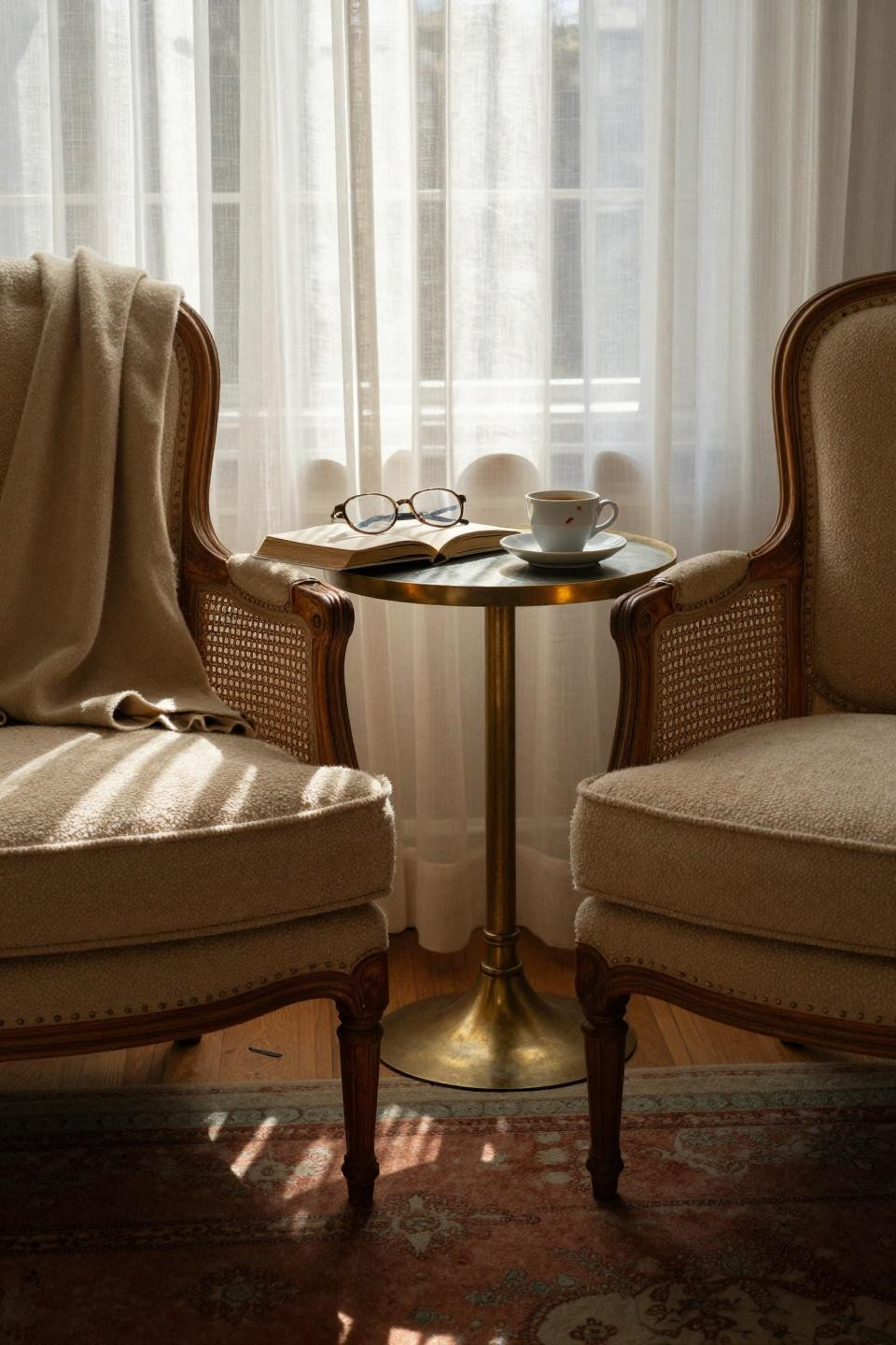Bedroom sitting area featuring cane-backed chairs in Parisian apartment