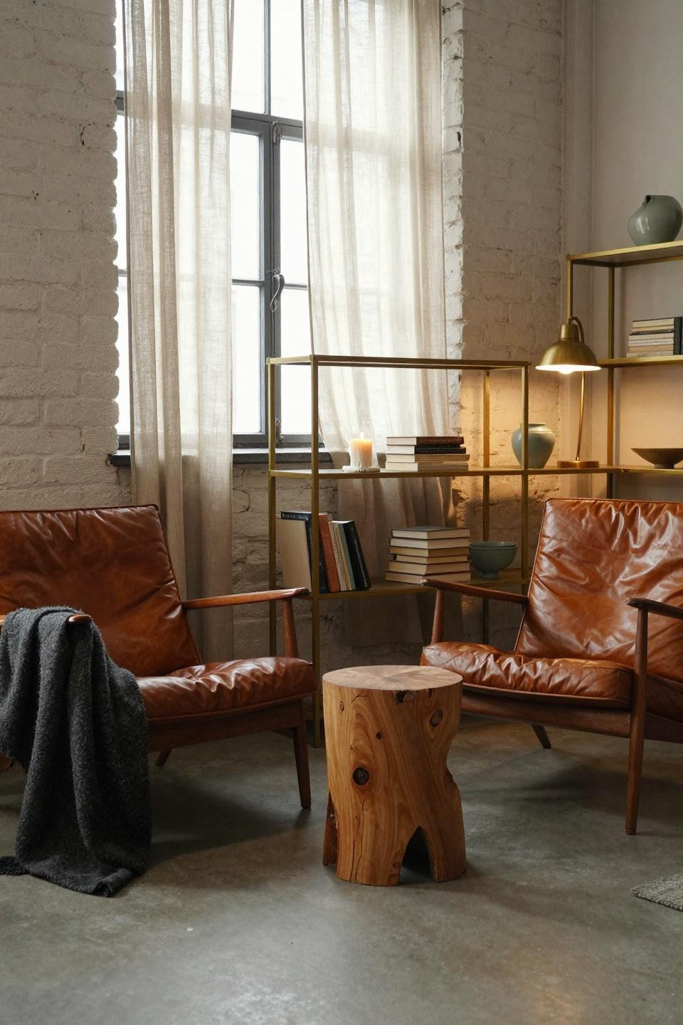 Bedroom sitting area with cognac leather chairs in industrial loft
