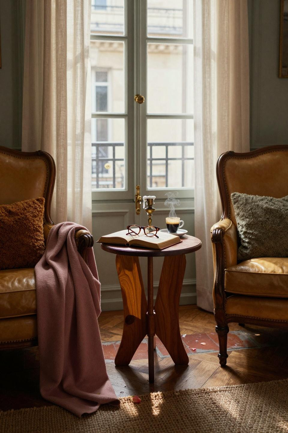 Bedroom sitting area featuring caramel leather chairs in Paris