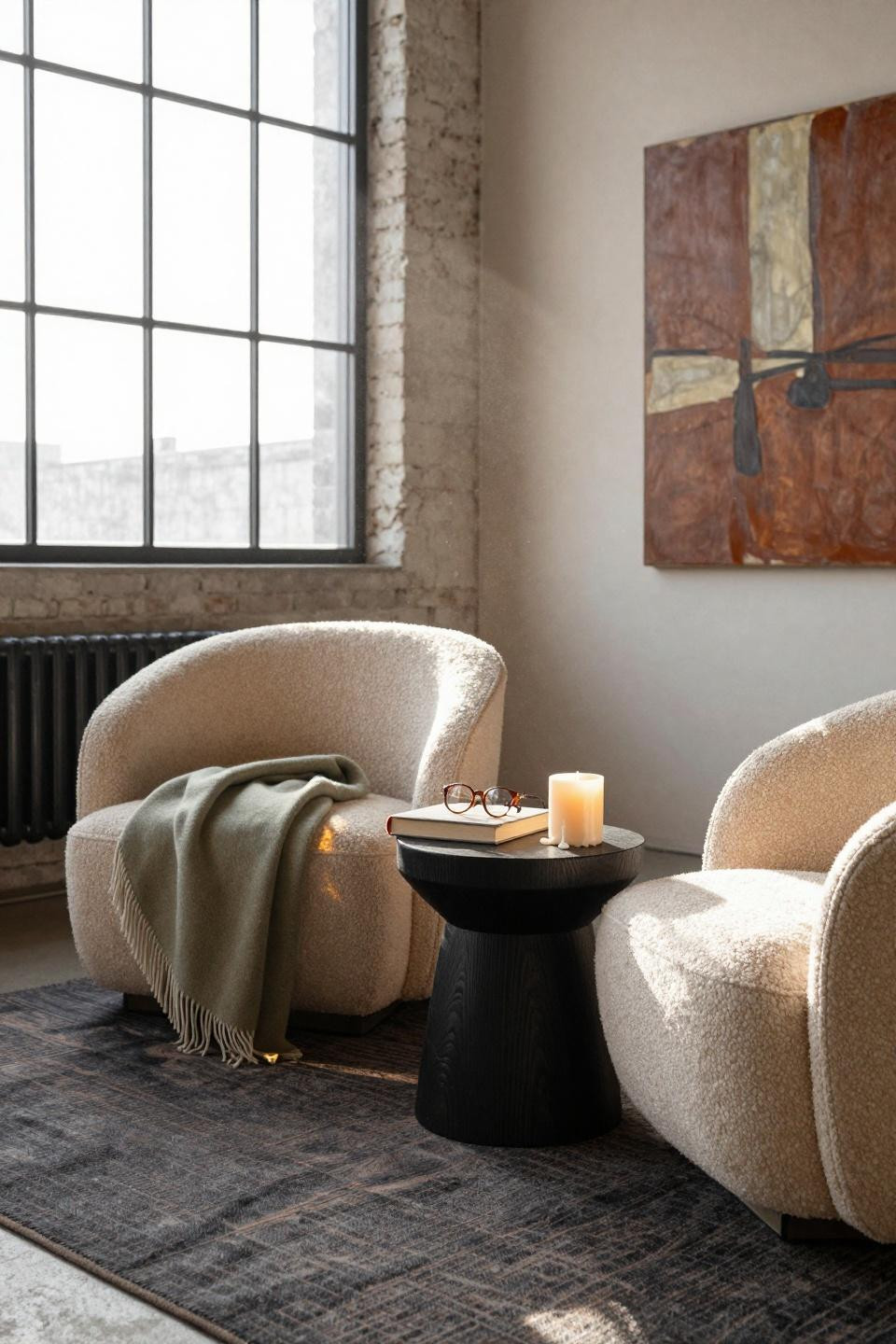 Bedroom sitting area closeup with bouclé seating in warehouse