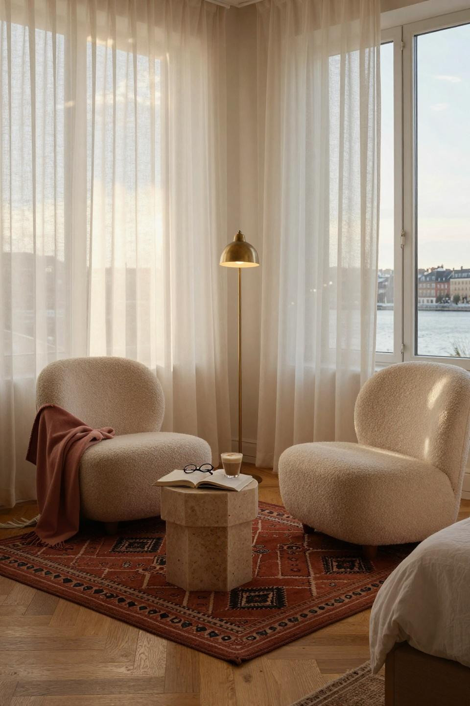 Bedroom sitting area with geometric Moroccan rug in Scandinavian space
