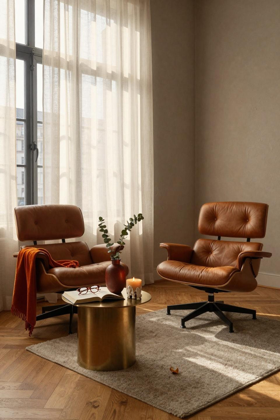 Bedroom sitting area with orange velvet throw in Copenhagen loft