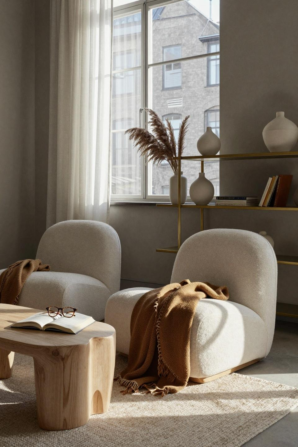 Bedroom sitting area featuring brass floating shelves in Copenhagen