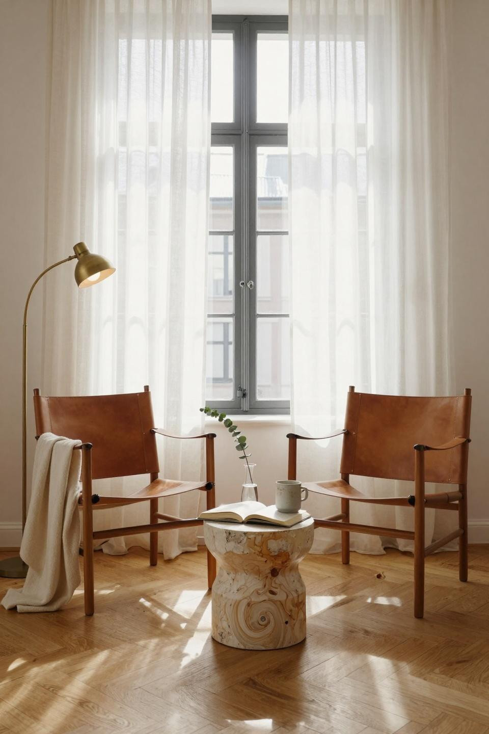 Bedroom sitting area featuring Safari chairs in Scandinavian loft