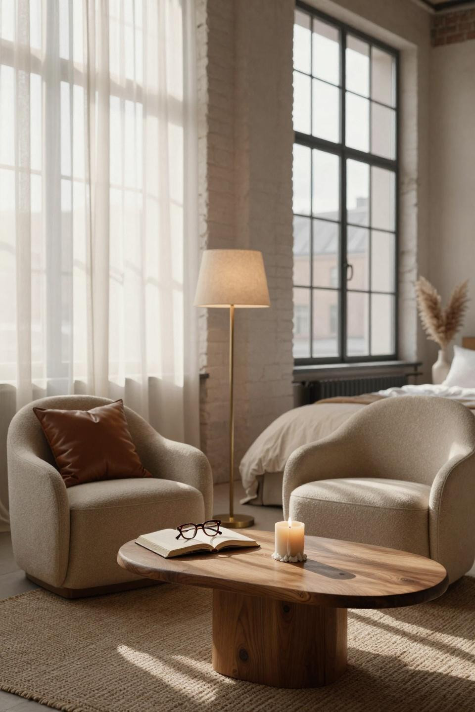 Bedroom sitting area in warehouse with bouclé seating