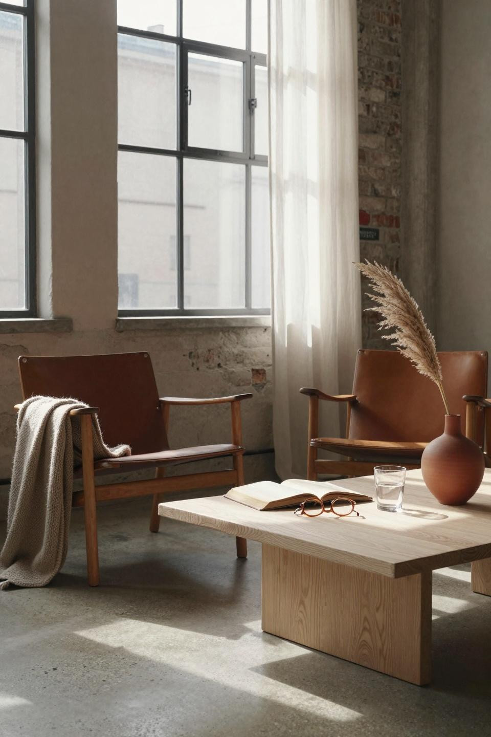 Bedroom sitting area with concrete floors in Copenhagen warehouse